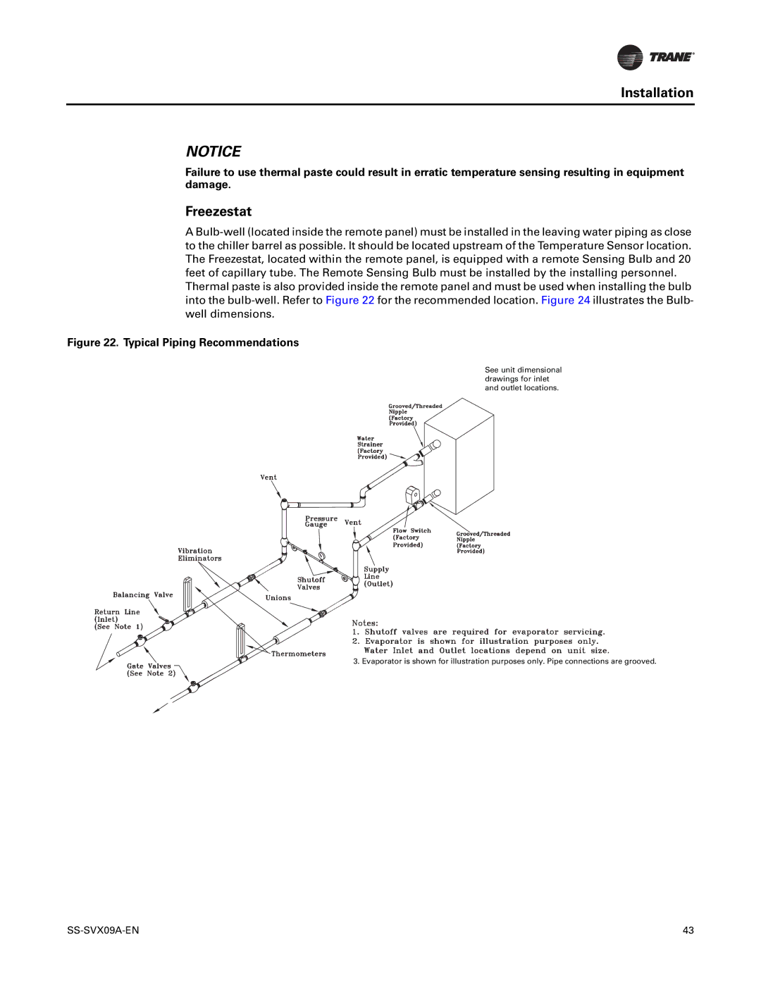 Trane RAUC-C30, RAUC-C50, RAUC-C60, RAUC-C20, RAUC-C40, RAUC-C25 manual Freezestat, Typical Piping Recommendations 