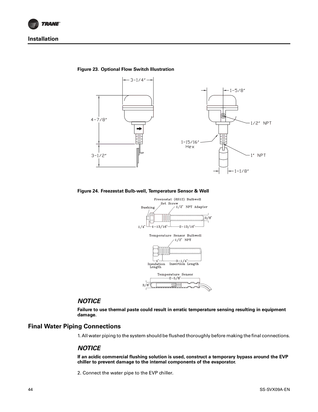 Trane RAUC-C60, RAUC-C50, RAUC-C30, RAUC-C20, RAUC-C40 manual Final Water Piping Connections, Optional Flow Switch Illustration 