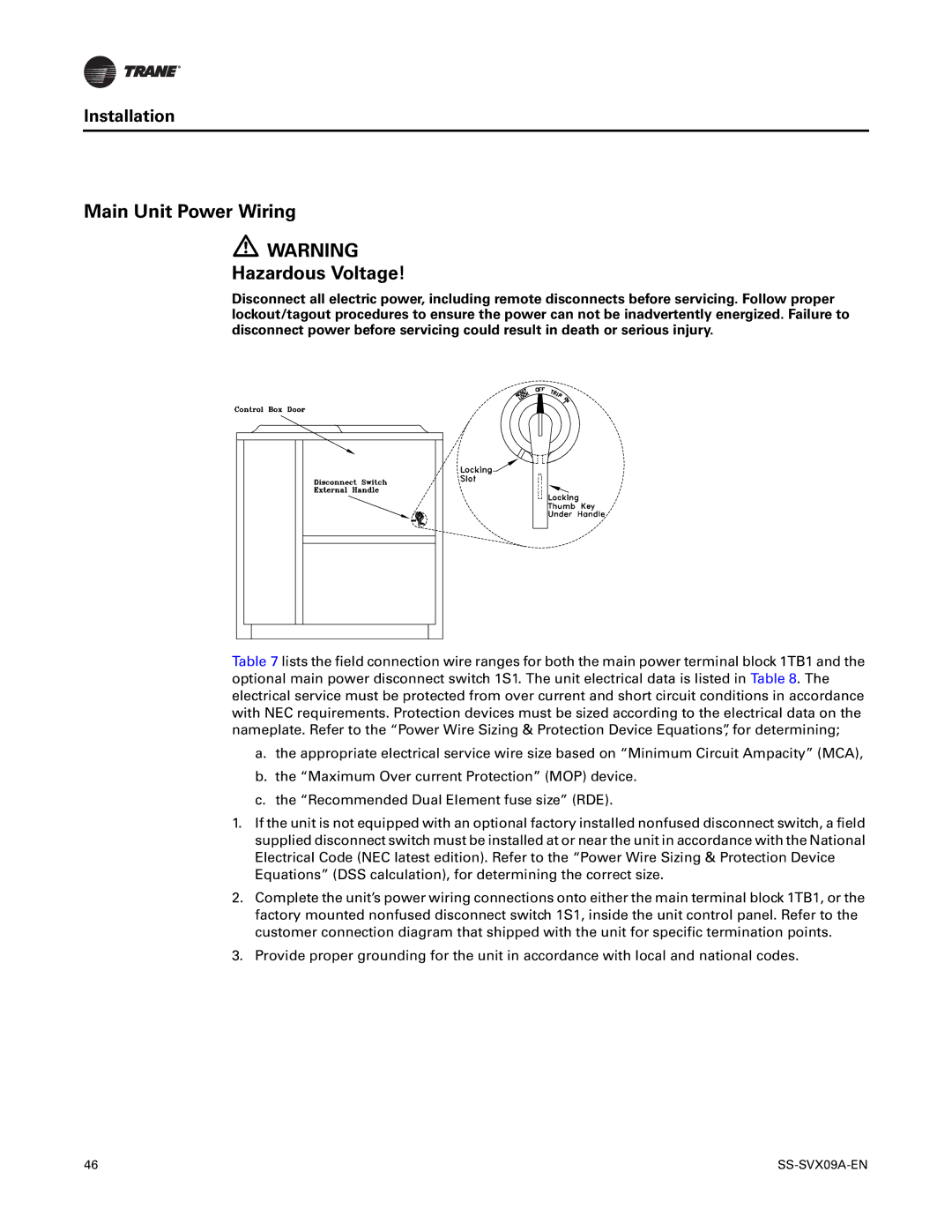 Trane RAUC-C40, RAUC-C50, RAUC-C30, RAUC-C60, RAUC-C20, RAUC-C25 manual Main Unit Power Wiring Hazardous Voltage 