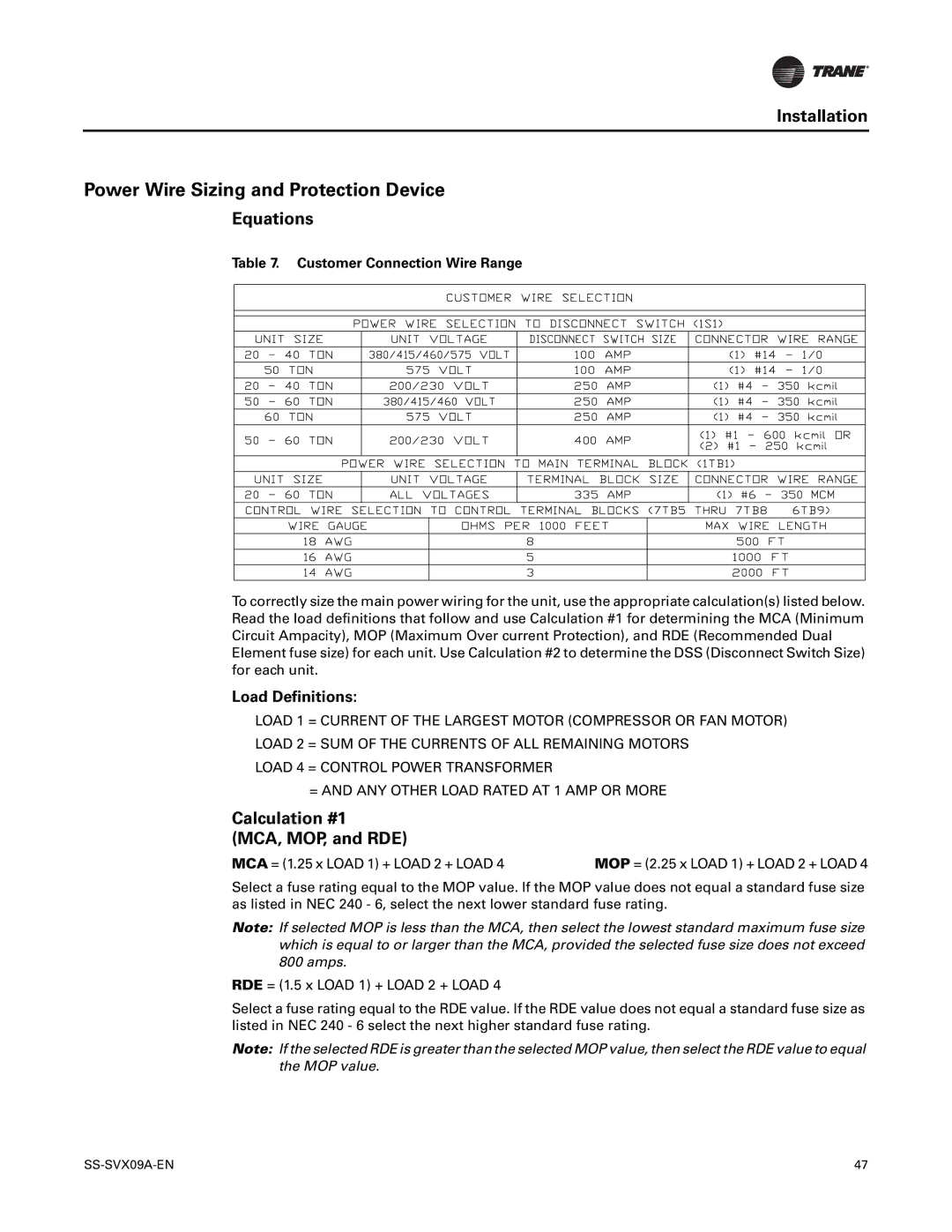 Trane RAUC-C25, RAUC-C50, RAUC-C30 Power Wire Sizing and Protection Device, Equations, Calculation #1 MCA, MOP, and RDE 