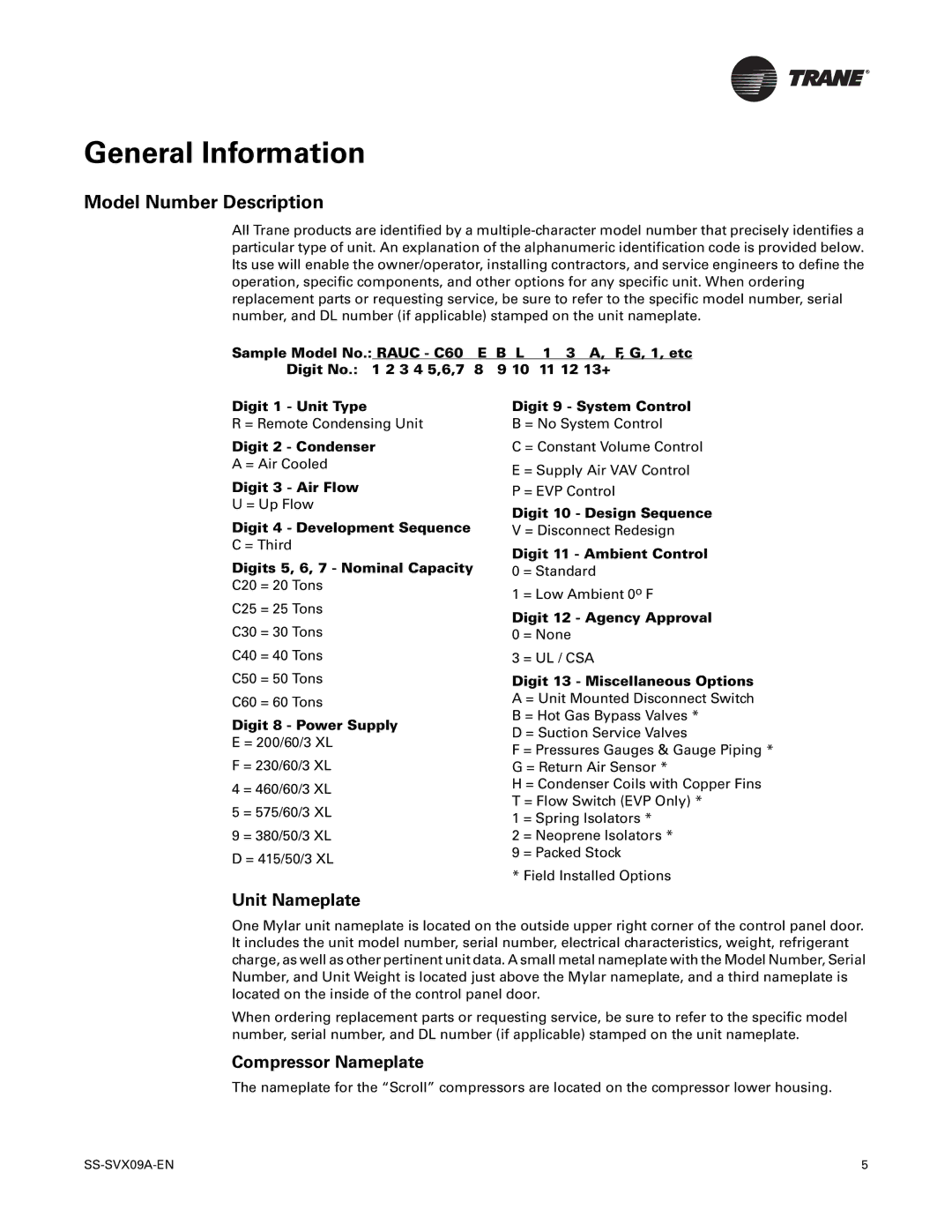 Trane RAUC-C25, RAUC-C50, RAUC-C30, RAUC-C60, RAUC-C20 manual Model Number Description, Unit Nameplate, Compressor Nameplate 