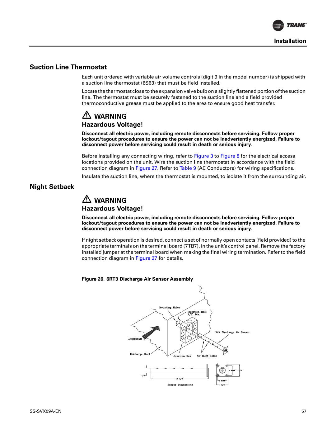 Trane RAUC-C20, RAUC-C50, RAUC-C30, RAUC-C60, RAUC-C40, RAUC-C25 manual Suction Line Thermostat, Night Setback Hazardous Voltage 