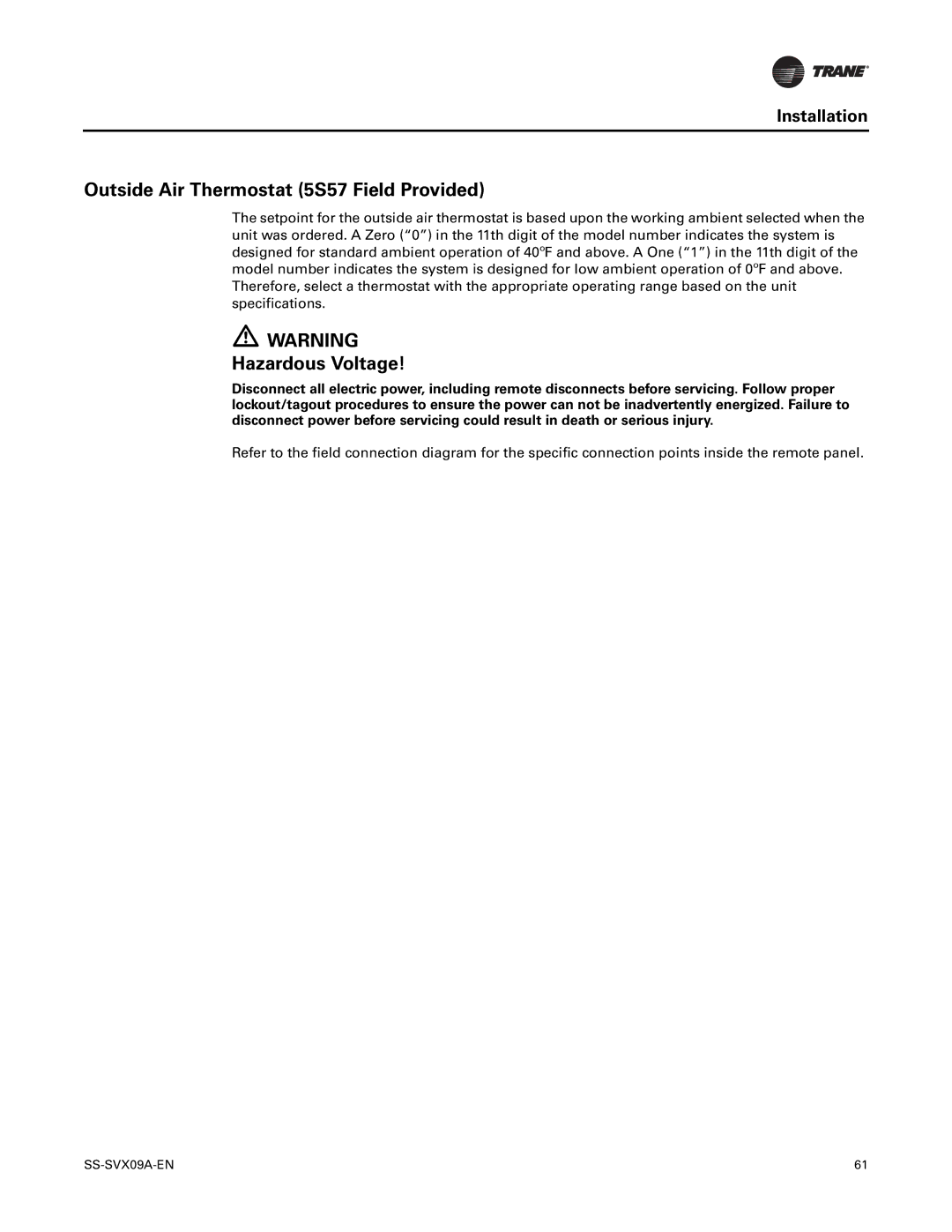 Trane RAUC-C30, RAUC-C50, RAUC-C60, RAUC-C20, RAUC-C40, RAUC-C25 manual Outside Air Thermostat 5S57 Field Provided 