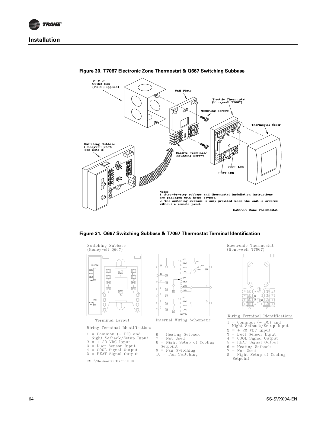 Trane RAUC-C40, RAUC-C50, RAUC-C30, RAUC-C60, RAUC-C20, RAUC-C25 T7067 Electronic Zone Thermostat & Q667 Switching Subbase 