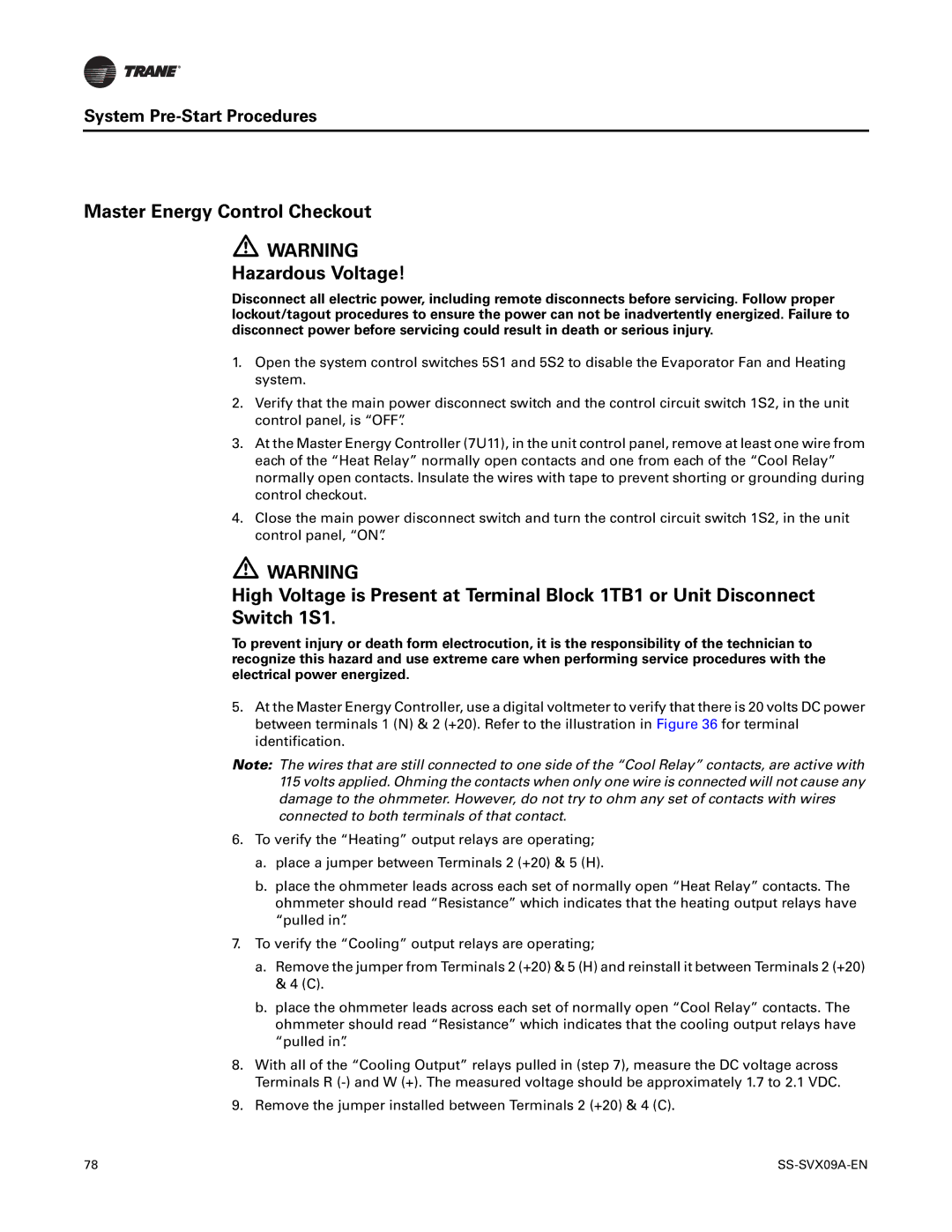 Trane RAUC-C50, RAUC-C30, RAUC-C60, RAUC-C20, RAUC-C40, RAUC-C25 manual Master Energy Control Checkout Hazardous Voltage 