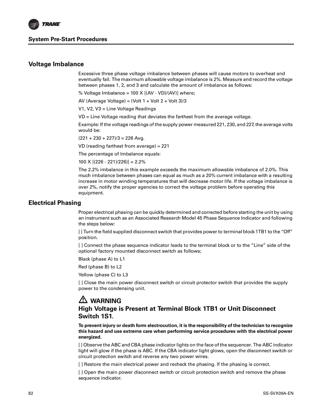 Trane RAUC-C40, RAUC-C50, RAUC-C30, RAUC-C60, RAUC-C20, RAUC-C25 manual Voltage Imbalance, Electrical Phasing 