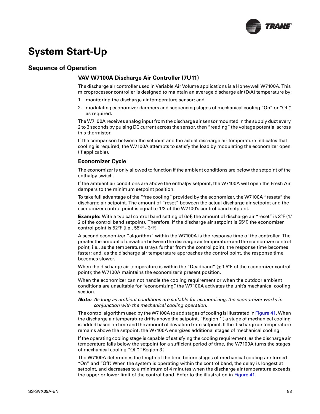 Trane RAUC-C25, RAUC-C50, RAUC-C30 manual Sequence of Operation, VAV W7100A Discharge Air Controller 7U11, Economizer Cycle 