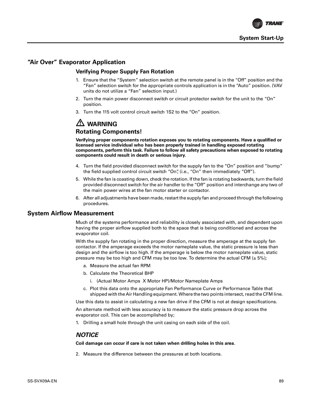 Trane RAUC-C25, RAUC-C50, RAUC-C30 manual Air Over Evaporator Application, Rotating Components, System Airflow Measurement 