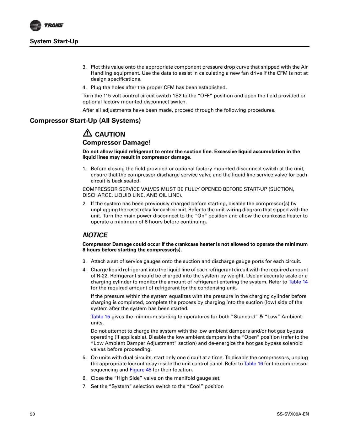 Trane RAUC-C50, RAUC-C30, RAUC-C60, RAUC-C20, RAUC-C40, RAUC-C25 manual Compressor Start-Up All Systems Compressor Damage 