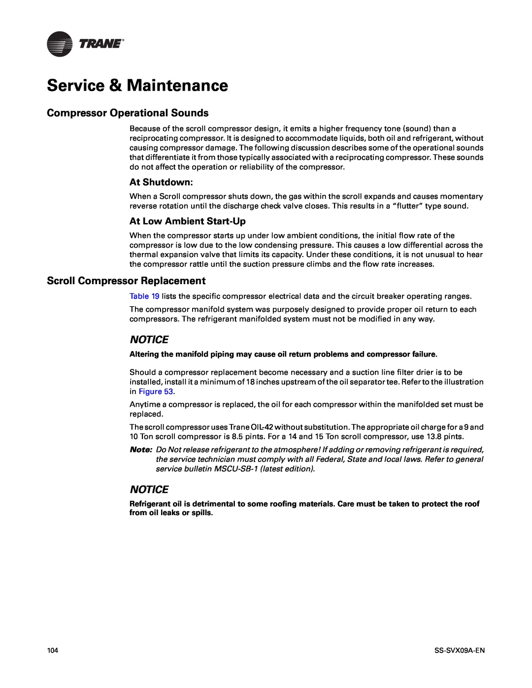 Trane RAUC-C60 Service & Maintenance, Compressor Operational Sounds, Scroll Compressor Replacement, At Shutdown, Notice 