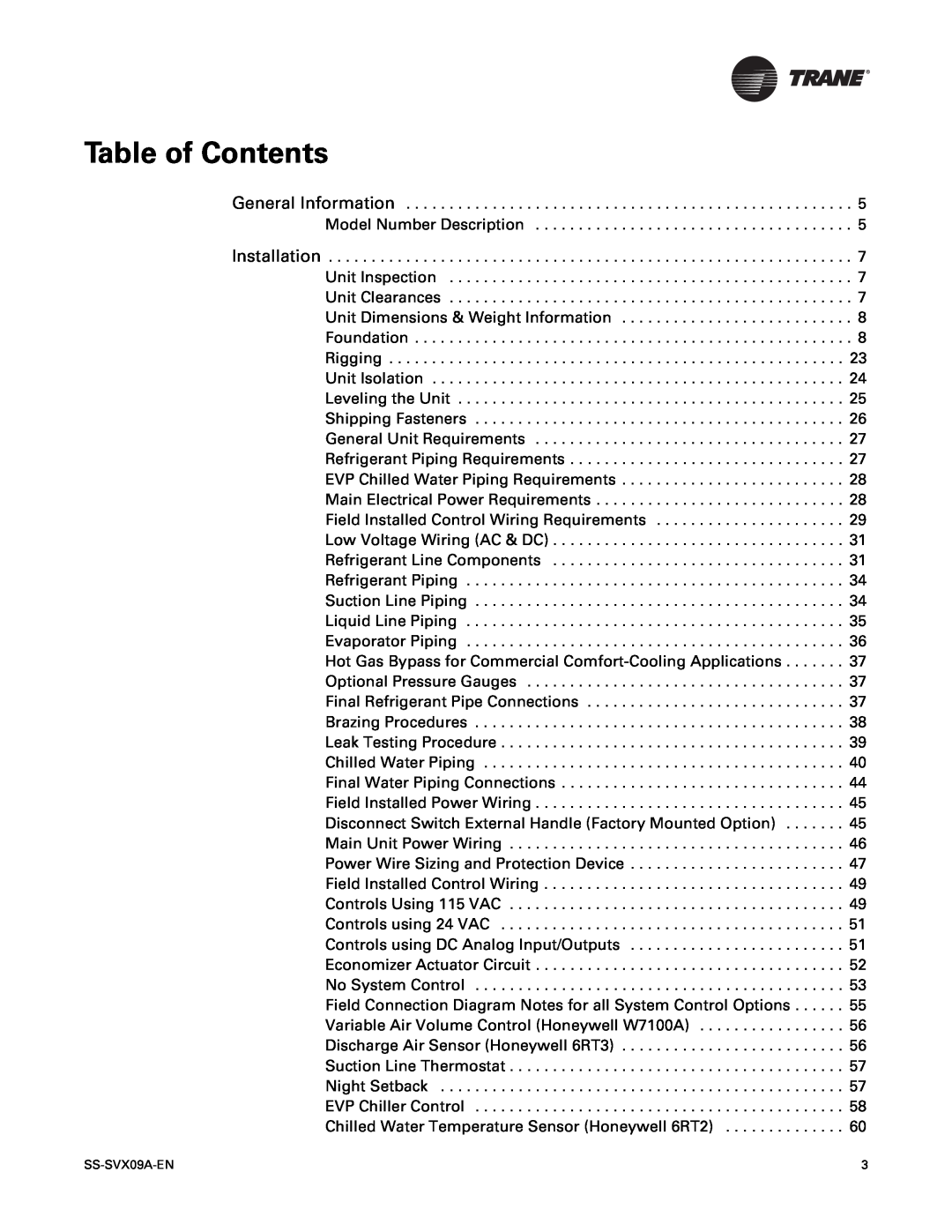 Trane RAUC-C20, RAUC-C50, RAUC-C30, RAUC-C60, RAUC-C40, RAUC-C25 manual Table of Contents, SS-SVX09A-EN 
