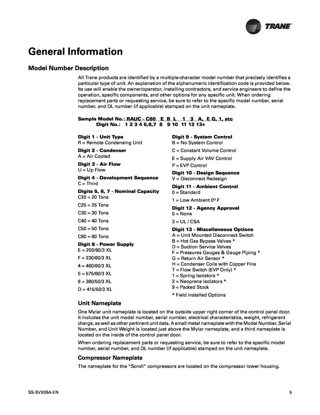 Trane RAUC-C25, RAUC-C50, RAUC-C30 manual General Information, Model Number Description, Unit Nameplate, Compressor Nameplate 