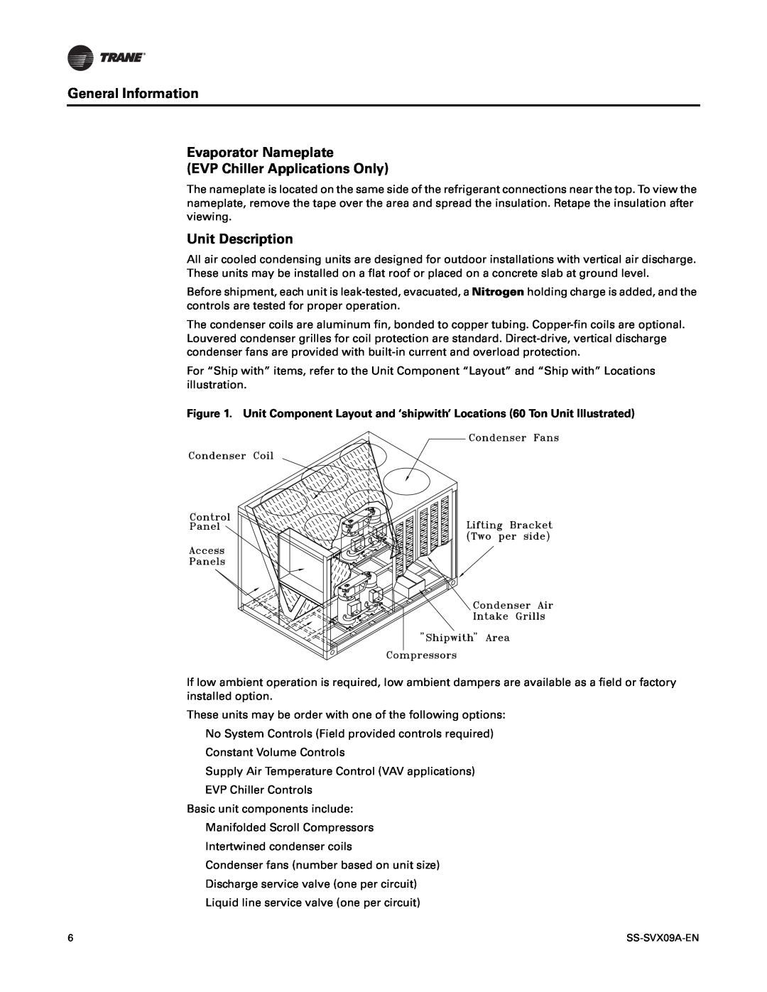 Trane RAUC-C50, RAUC-C30 manual General Information, Evaporator Nameplate, EVP Chiller Applications Only, Unit Description 