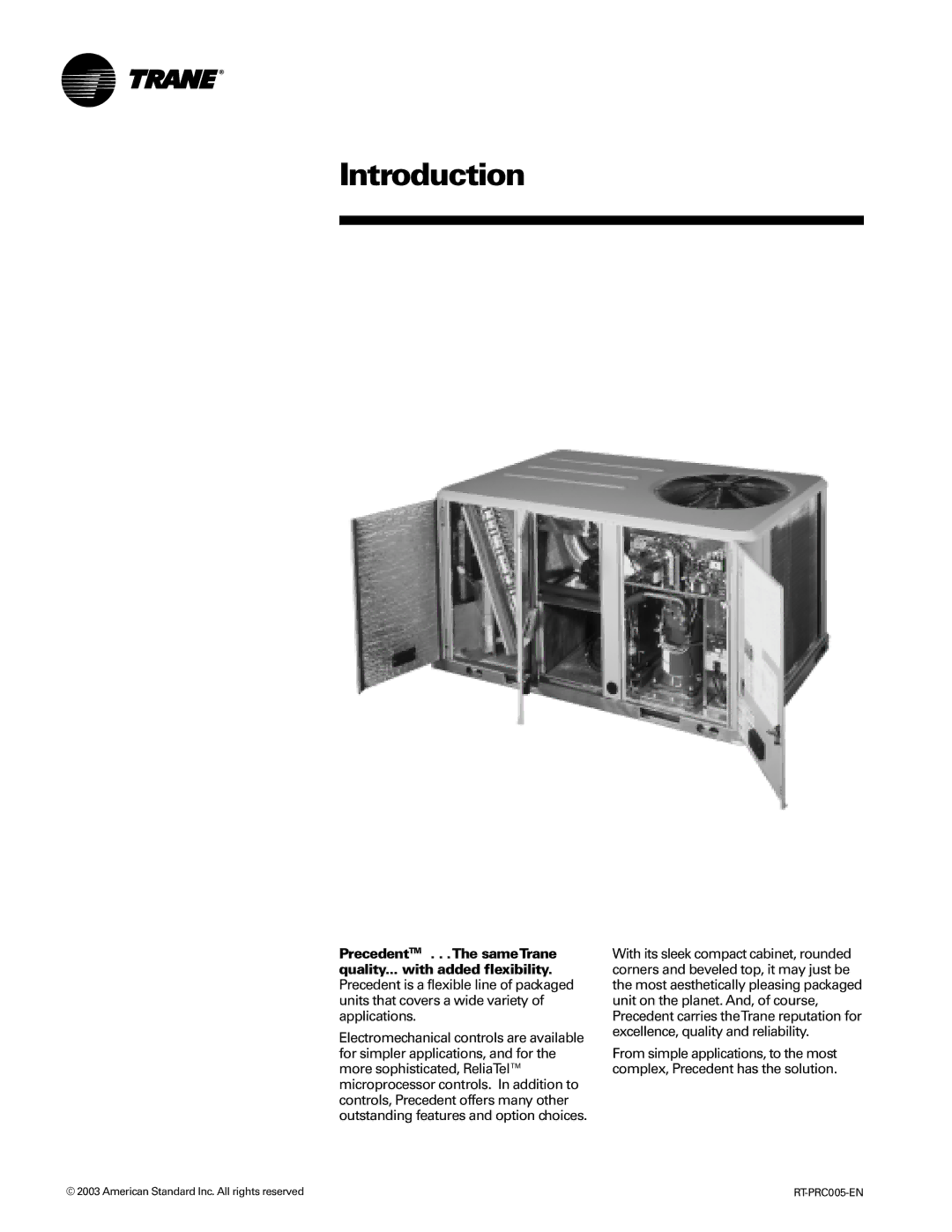 Trane RT-PRC005 manual Introduction, American Standard Inc. All rights reserved 