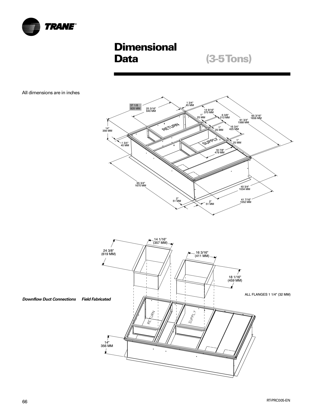 Trane RT-PRC005 manual Downflow Duct Connections Field Fabricated 