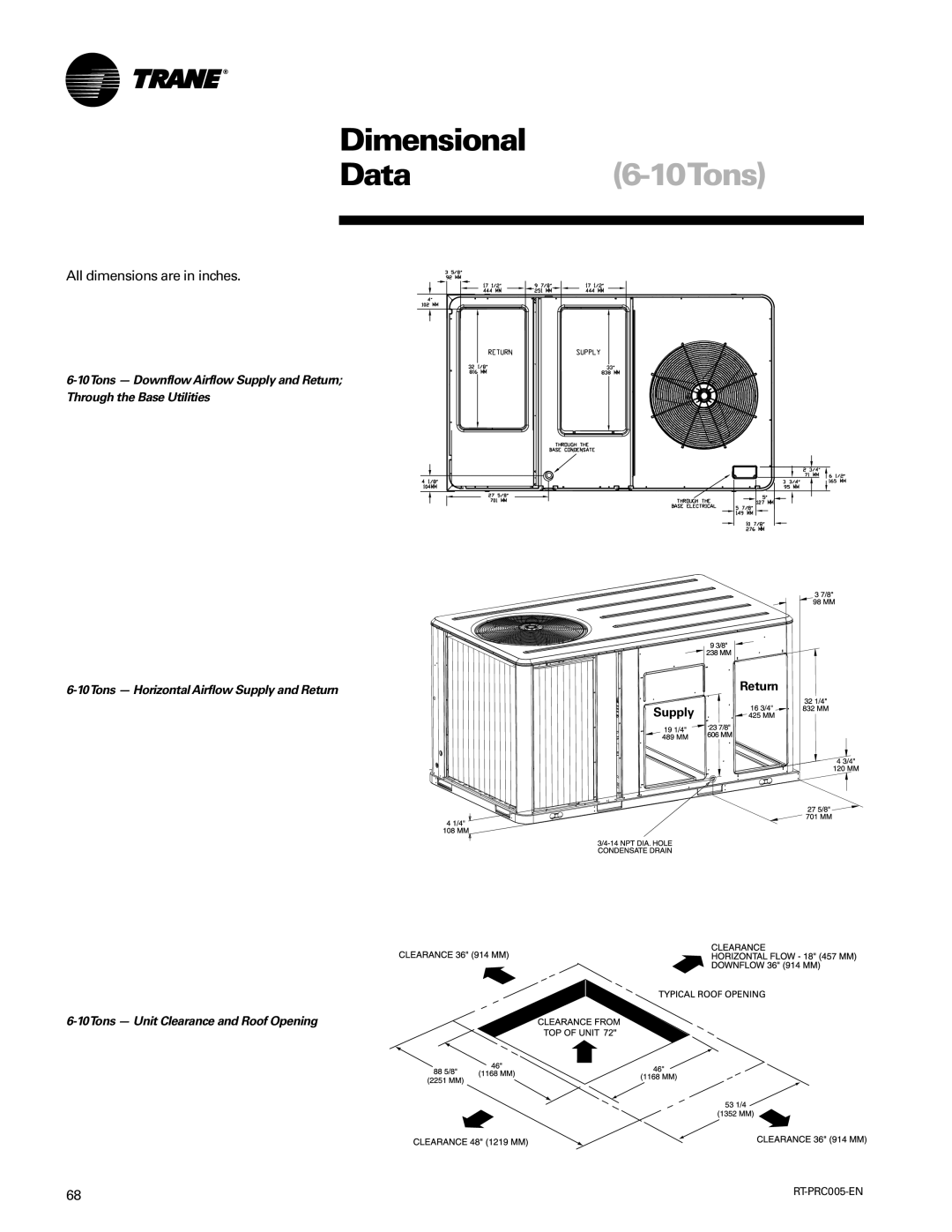 Trane RT-PRC005 manual 10Tons Unit Clearance and Roof Opening 