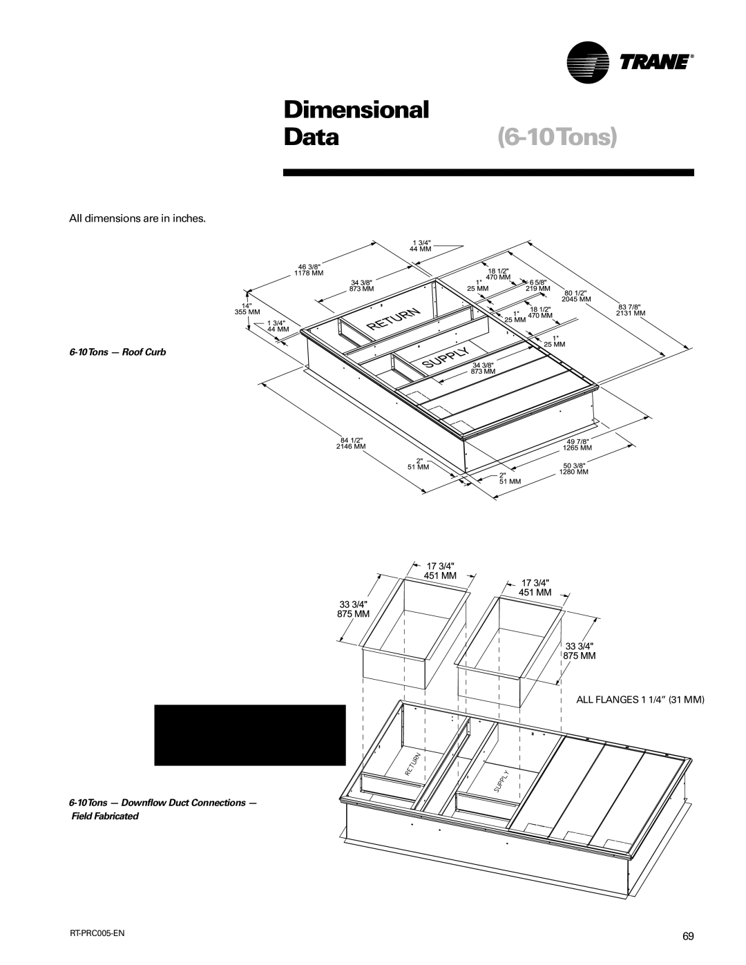 Trane RT-PRC005 manual 10Tons Roof Curb, 10Tons Downflow Duct Connections Field Fabricated 