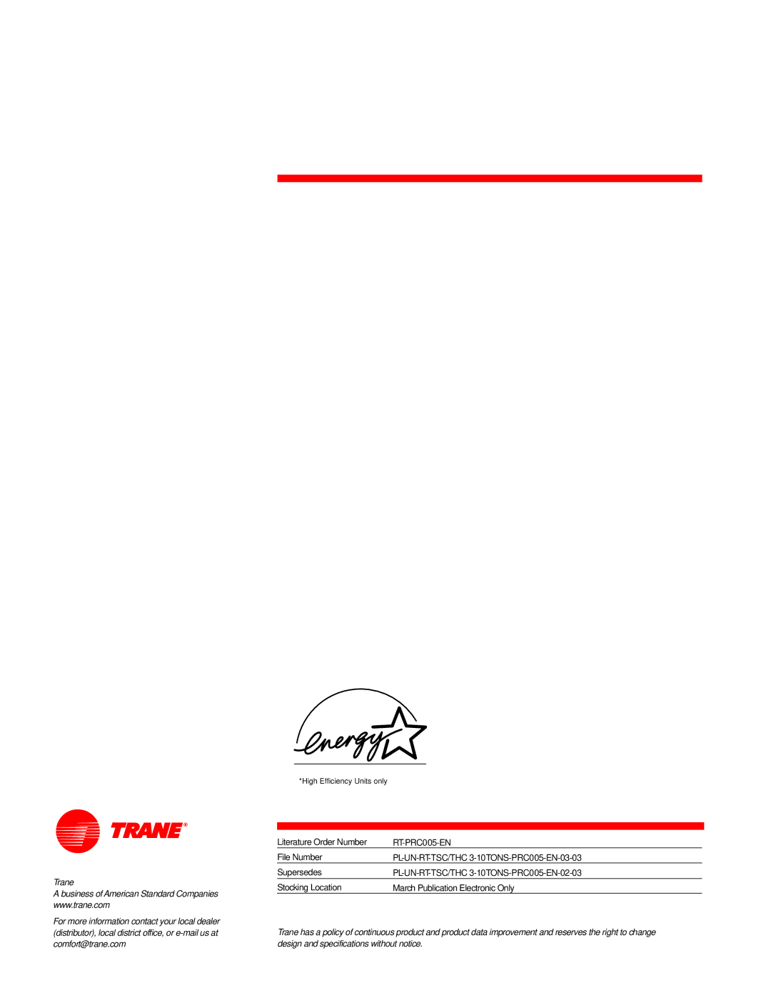 Trane RT-PRC005 manual PL-UN-RT-TSC/THC 3-10TONS-PRC005-EN-03-03, PL-UN-RT-TSC/THC 3-10TONS-PRC005-EN-02-03 