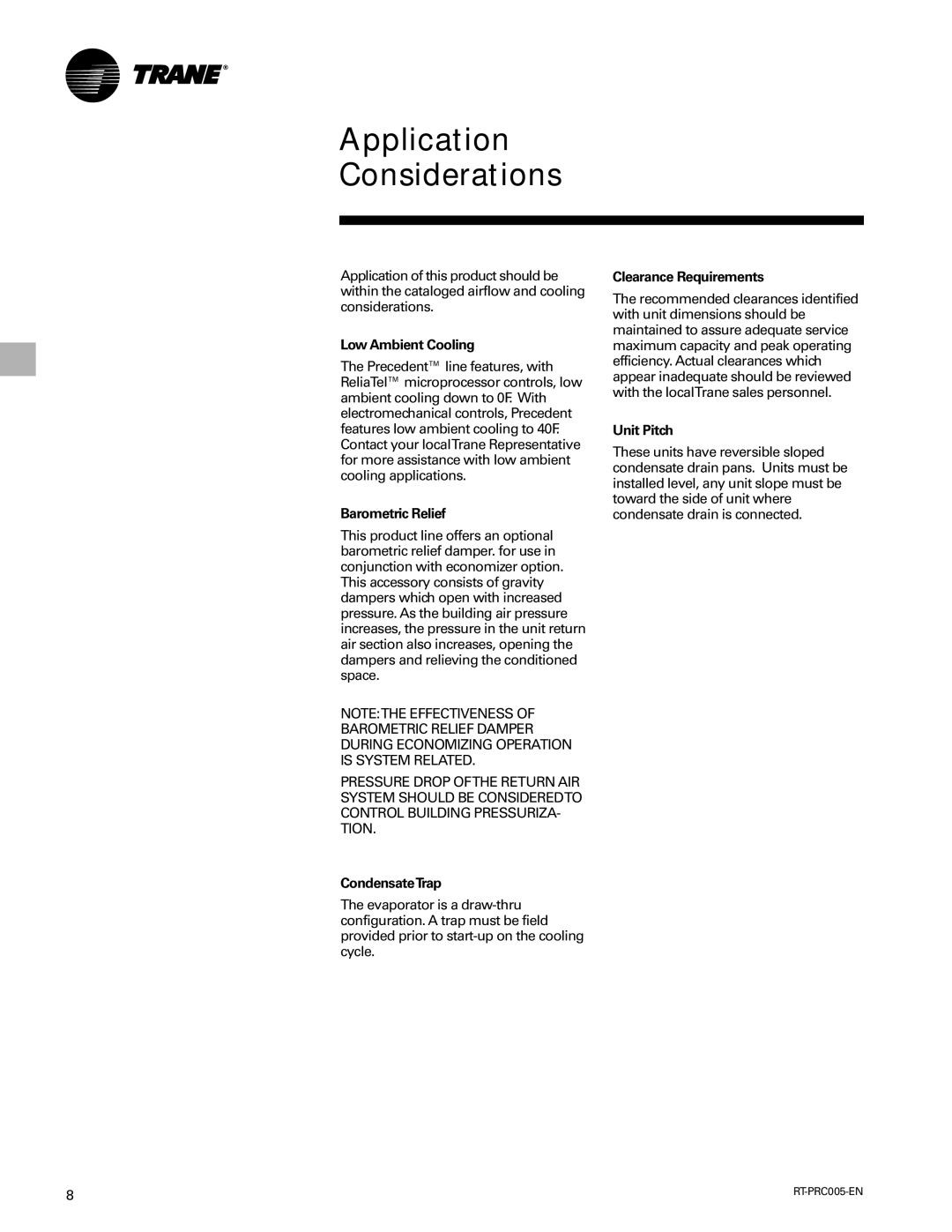 Trane RT-PRC005 manual Barometric Relief, CondensateTrap, Clearance Requirements, Unit Pitch 