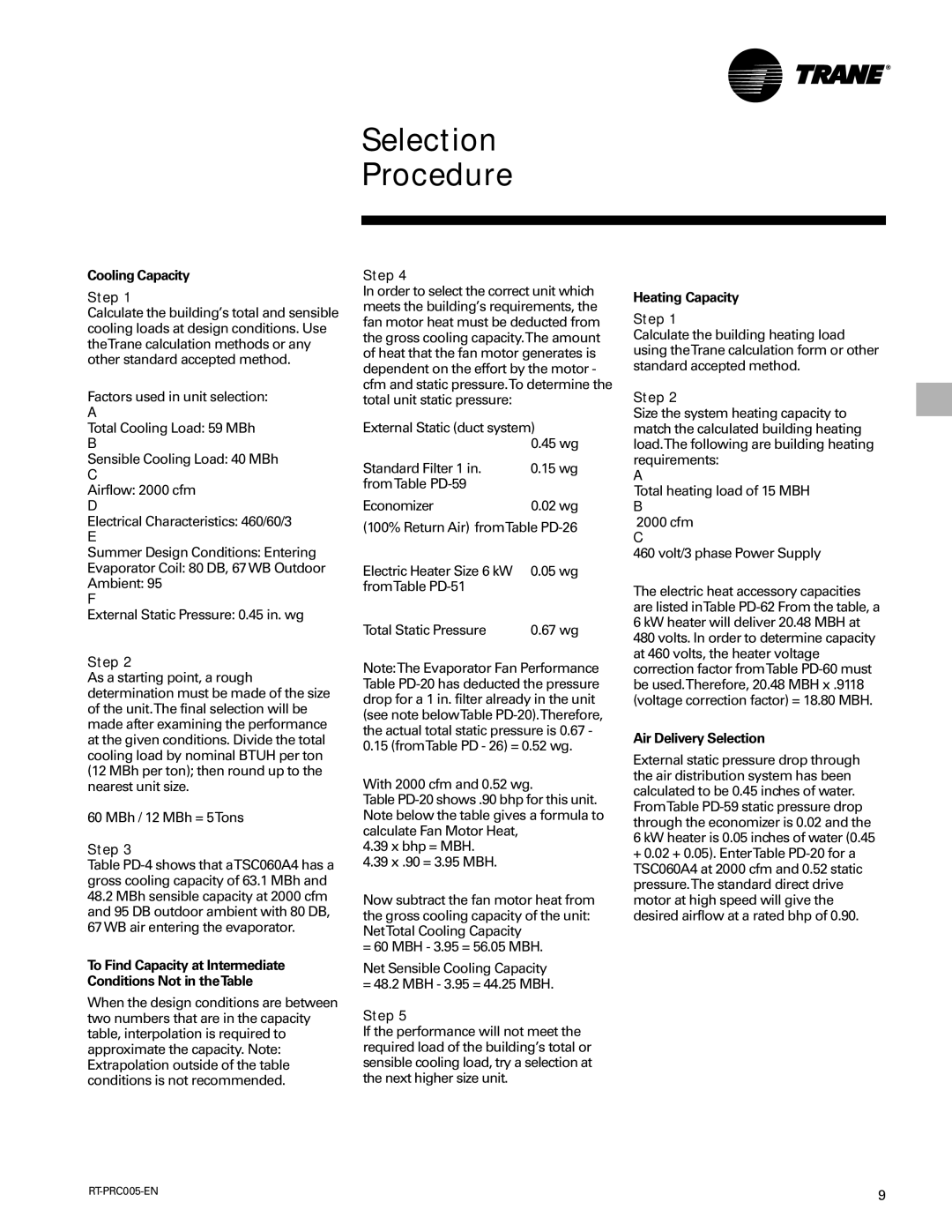 Trane RT-PRC005 manual Selection Procedure, Cooling Capacity Step, Heating Capacity Step, Air Delivery Selection 