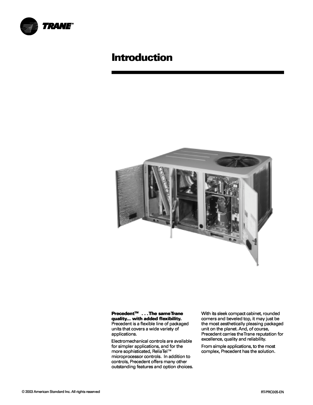 Trane RT-PRC005 manual Introduction, American Standard Inc. All rights reserved 