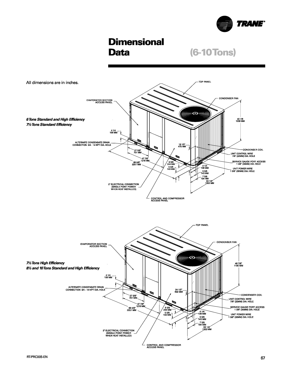 Trane RT-PRC005 Data6-10Tons, Dimensional, 6Tons Standard and High Efficiency, 8½ and 10Tons Standard and High Efficiency 