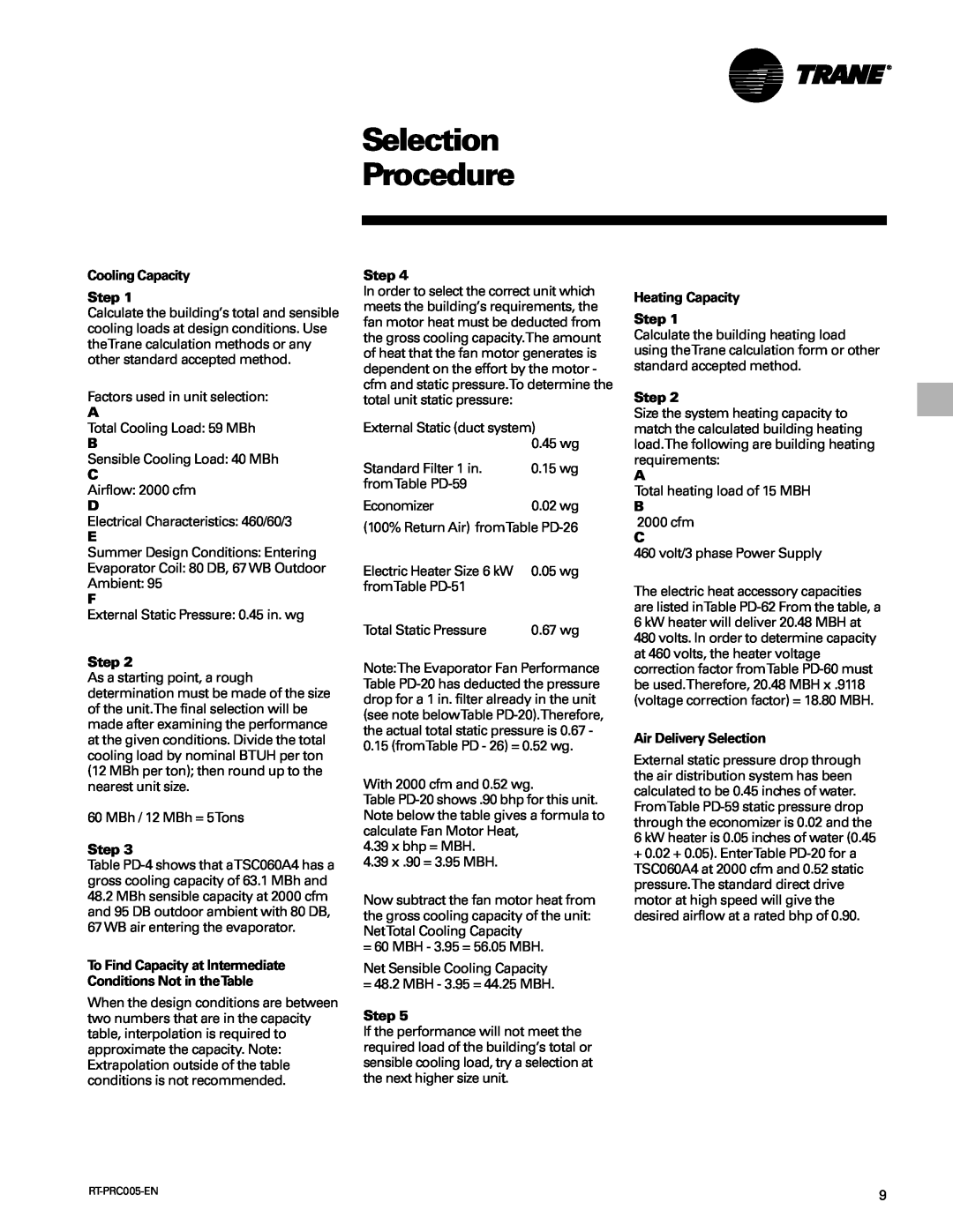 Trane RT-PRC005 manual Selection Procedure 
