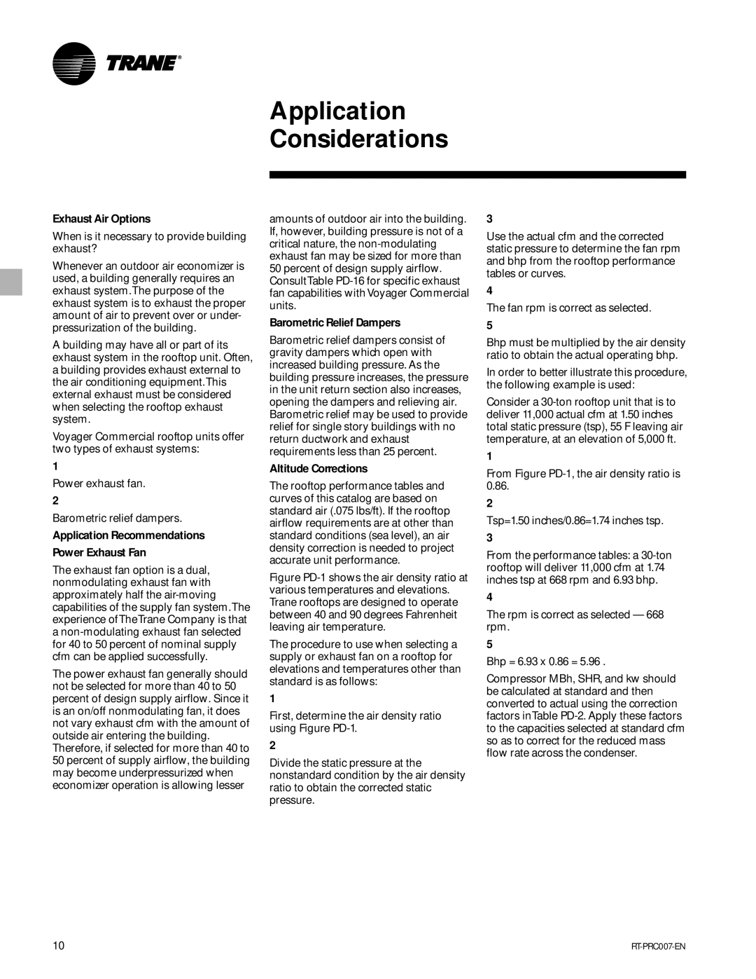 Trane RT-PRC007-EN manual Exhaust Air Options, Application Recommendations Power Exhaust Fan, Barometric Relief Dampers 