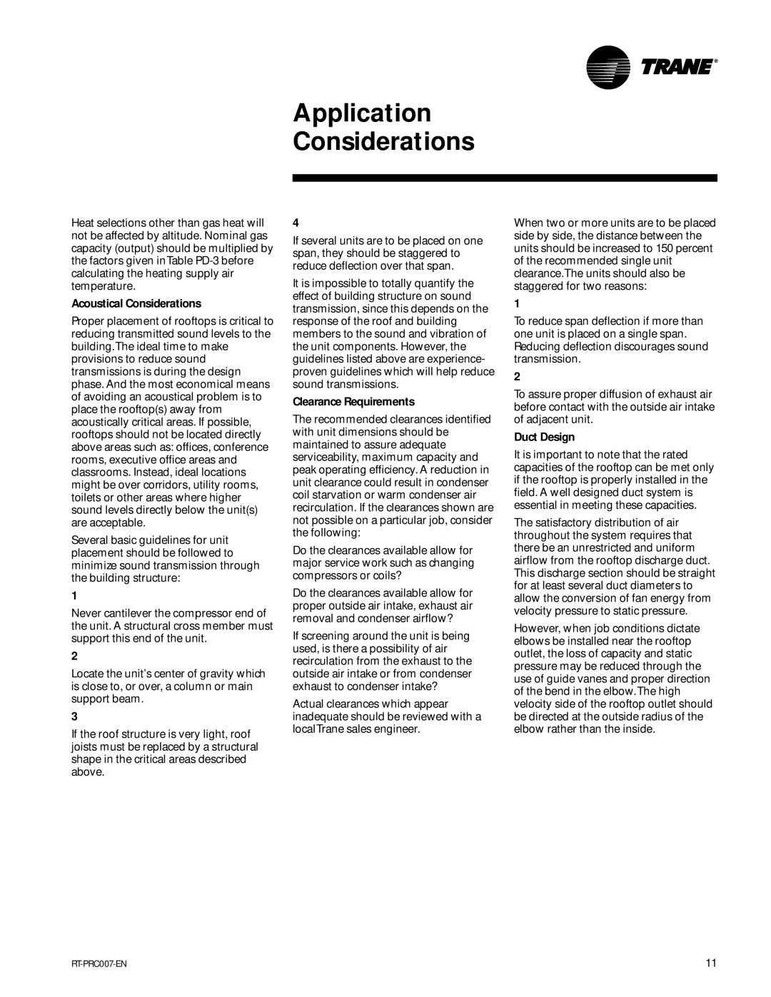 Trane RT-PRC007-EN manual Acoustical Considerations, Clearance Requirements, Duct Design 