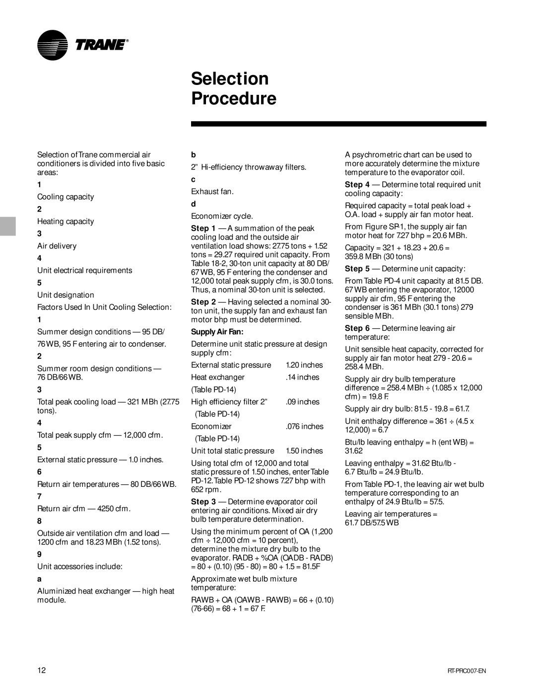 Trane RT-PRC007-EN manual Selection Procedure, Supply Air Fan 