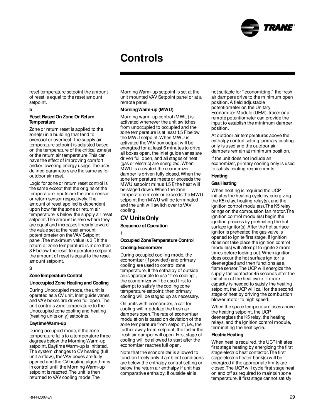 Trane RT-PRC007-EN manual CV Units Only 