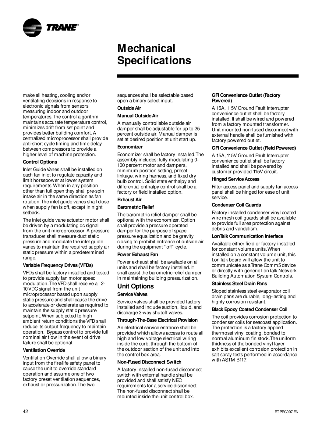 Trane RT-PRC007-EN manual Unit Options 