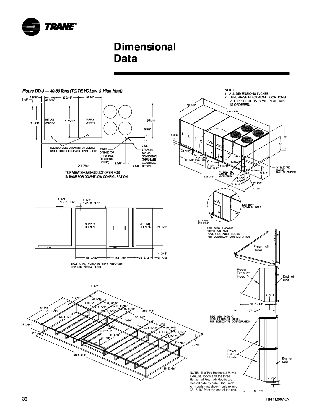 Trane RT-PRC007-EN manual Dimensional Data, Figure DD-3- 40-50TonsTC,TE,YC Low & High Heat, 1/16 
