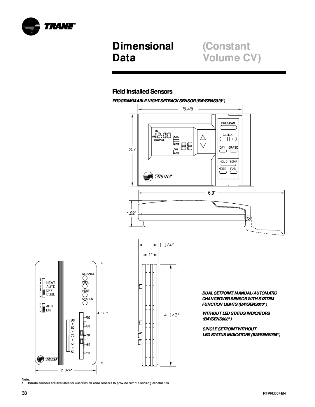 Trane RT-PRC007-EN manual Constant, Volume CV, Dimensional, Data, Field Installed Sensors, Dual Setpoint, Manual/Automatic 