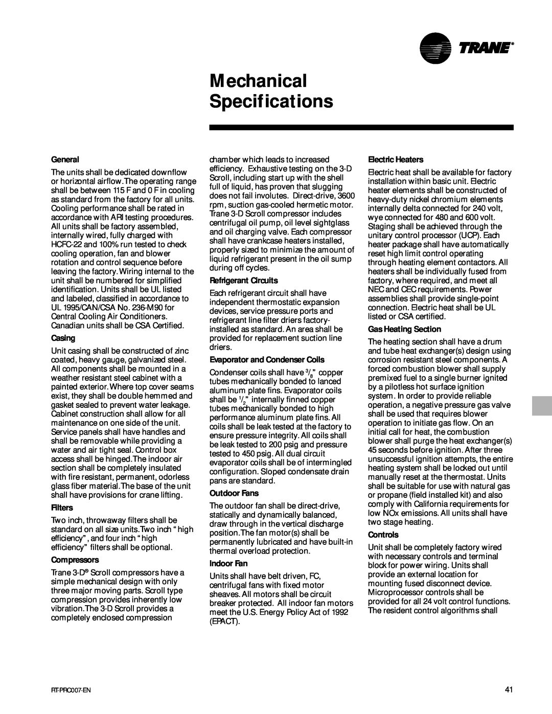 Trane RT-PRC007-EN Mechanical Specifications, General, Casing, Filters, Compressors, Refrigerant Circuits, Outdoor Fans 