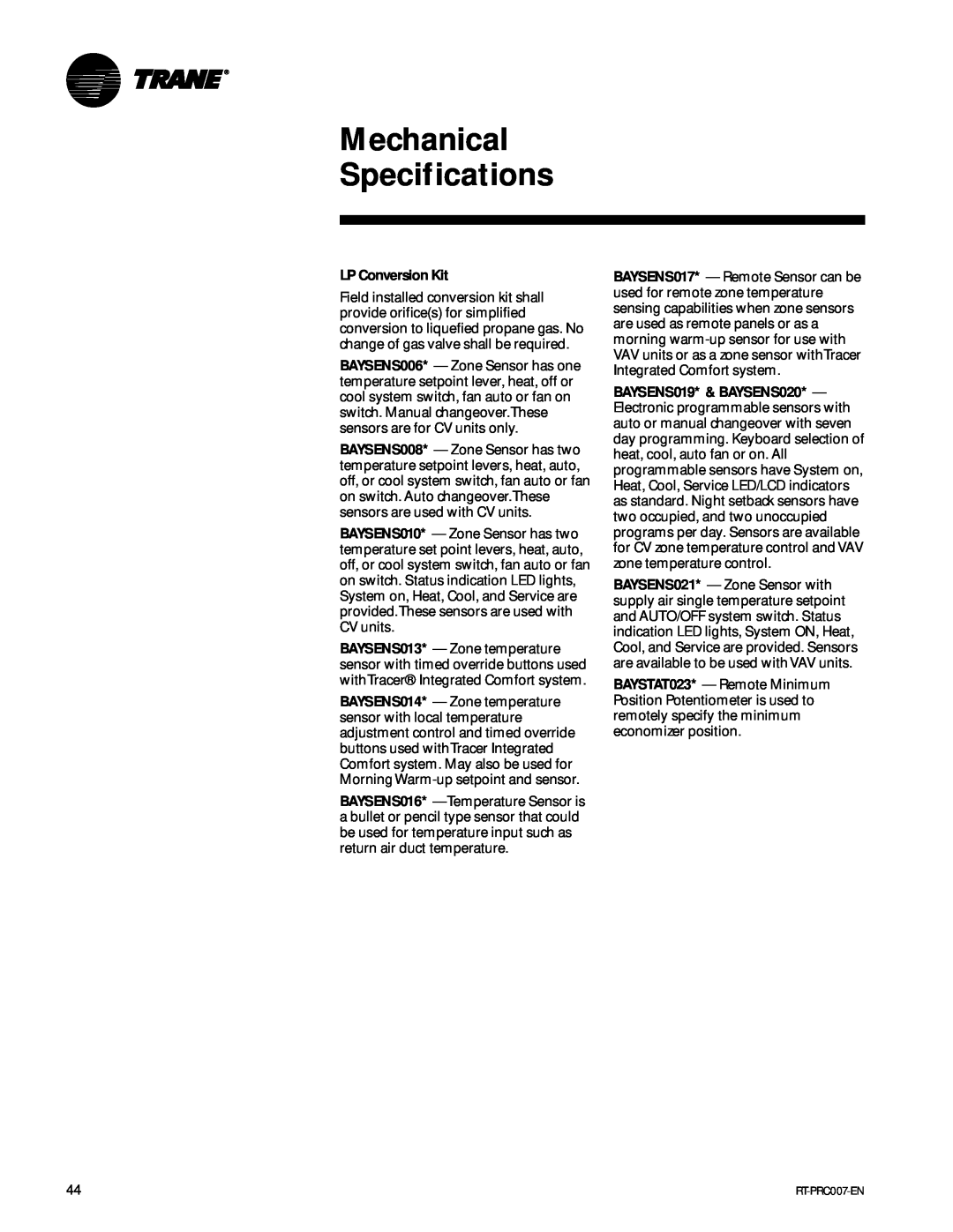Trane RT-PRC007-EN manual Mechanical Specifications, LP Conversion Kit 
