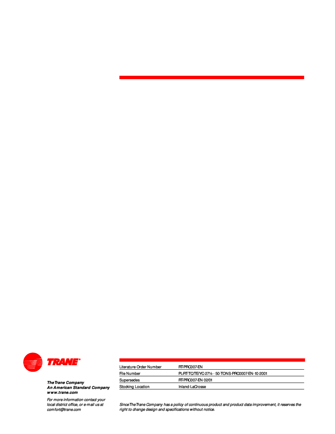 Trane RT-PRC007-EN Literature Order Number, File Number, PL-RT-TC/TE/YC-27½- 50-TONS-PRC0007-EN-10-2001, TheTrane Company 