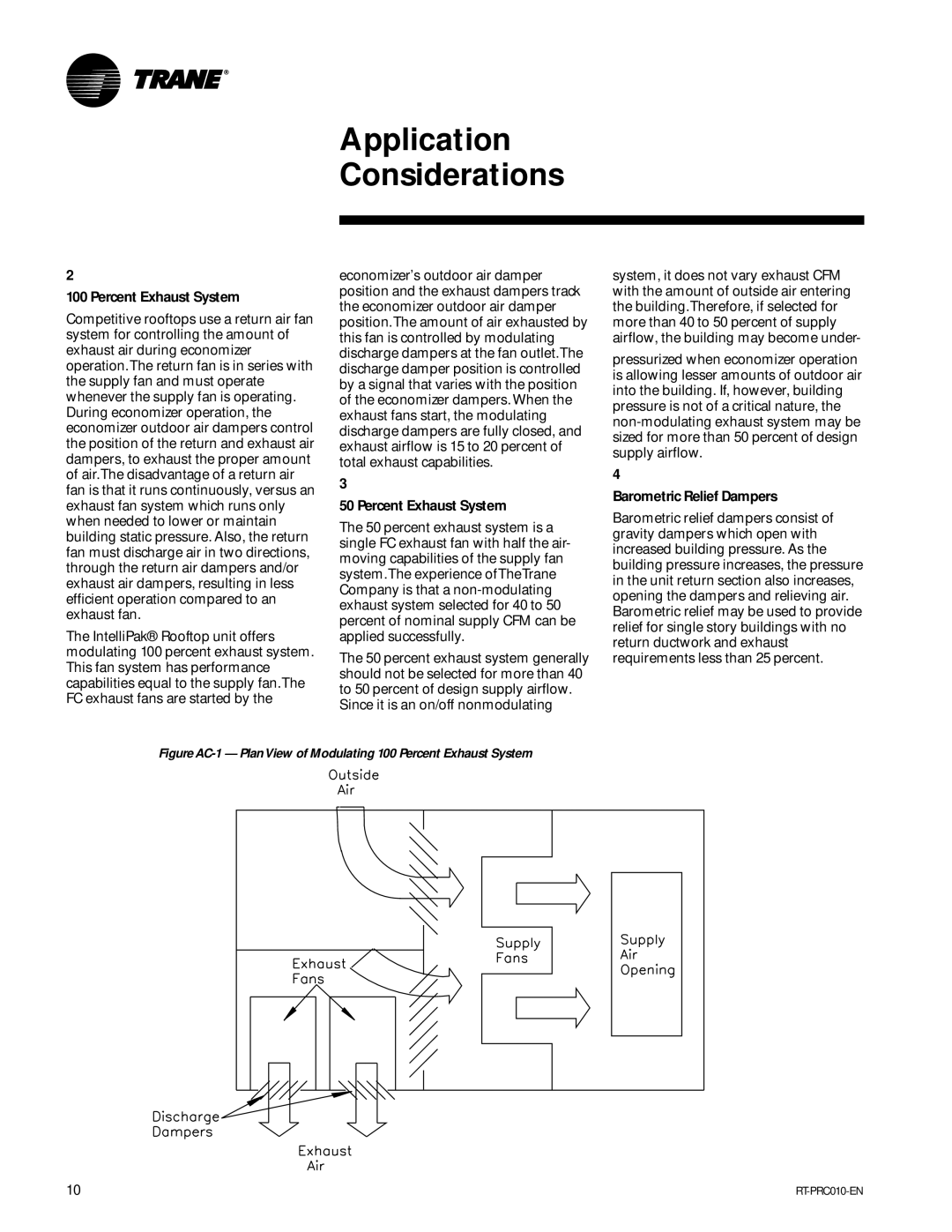 Trane RT-PRC010-EN manual Percent Exhaust System, Barometric Relief Dampers 