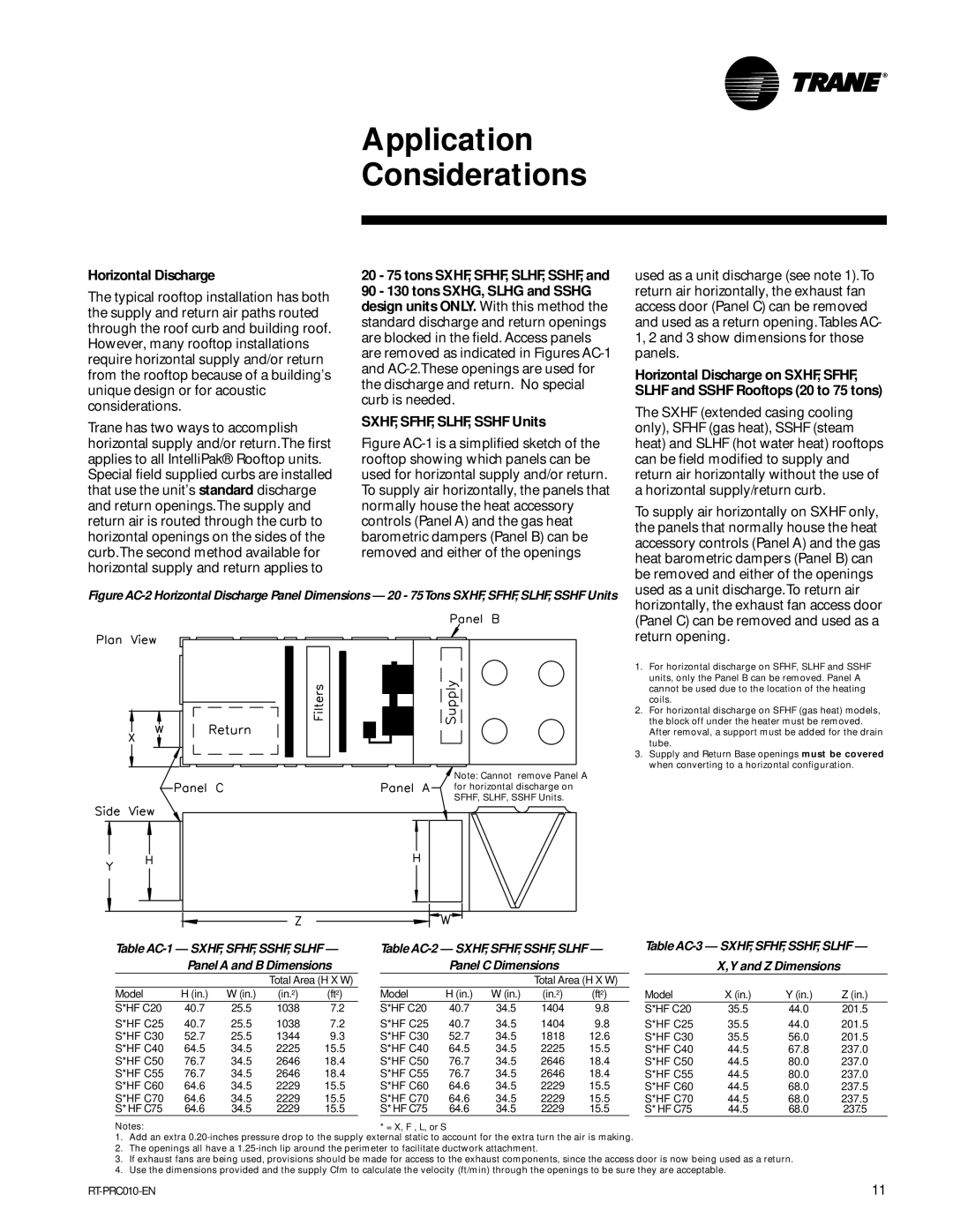 Trane RT-PRC010-EN manual Horizontal Discharge, 20 75 tons SXHF, SFHF, SLHF, SSHF, SXHF, SFHF, SLHF, Sshf Units 