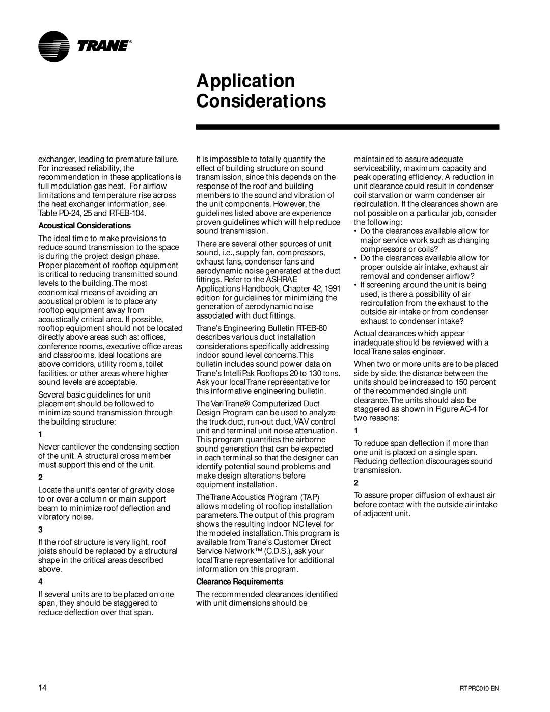 Trane RT-PRC010-EN manual Acoustical Considerations, Clearance Requirements 