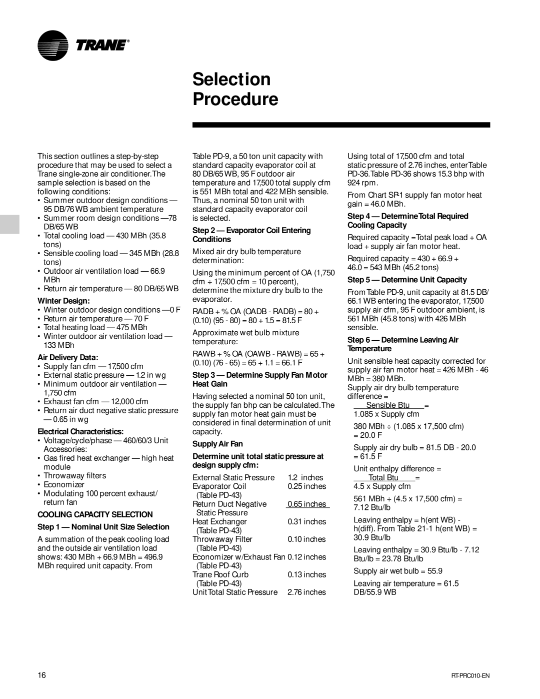 Trane RT-PRC010-EN manual Selection Procedure 