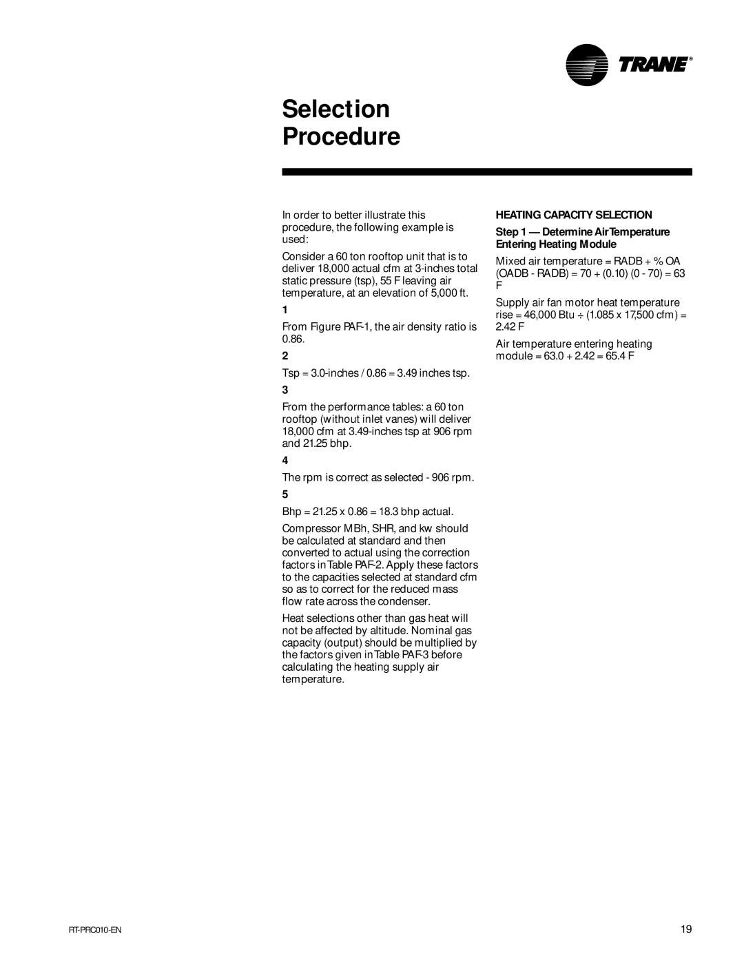 Trane RT-PRC010-EN manual Selection Procedure 