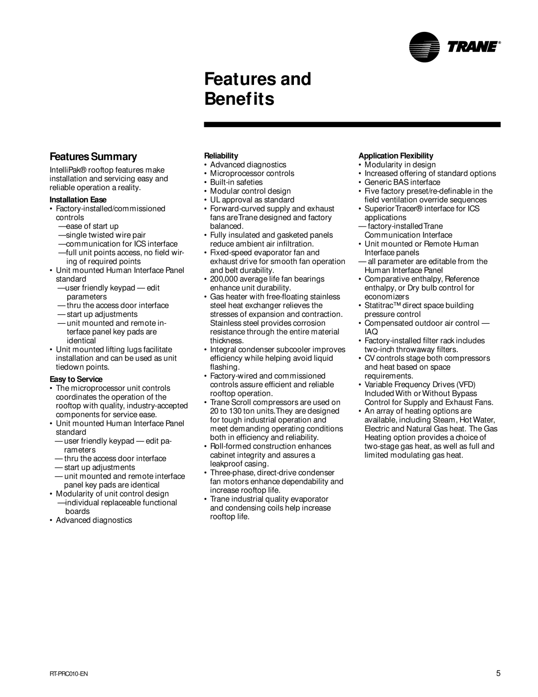 Trane RT-PRC010-EN manual Features Summary, Installation Ease, Easy to Service, Reliability, Application Flexibility 