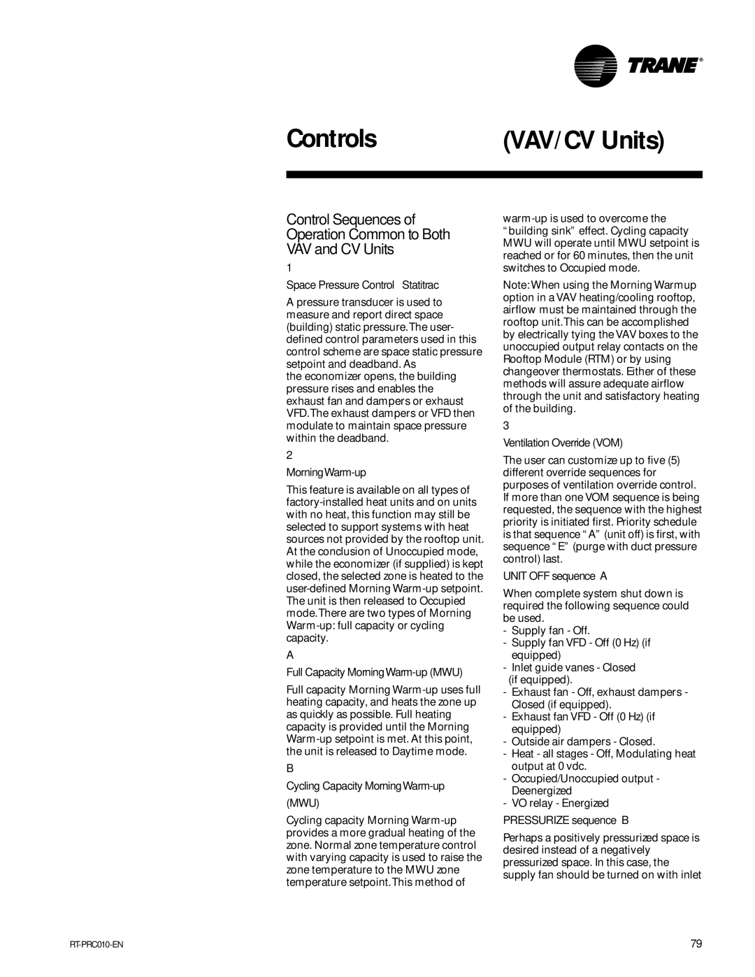 Trane RT-PRC010-EN manual VAV/CV Units 