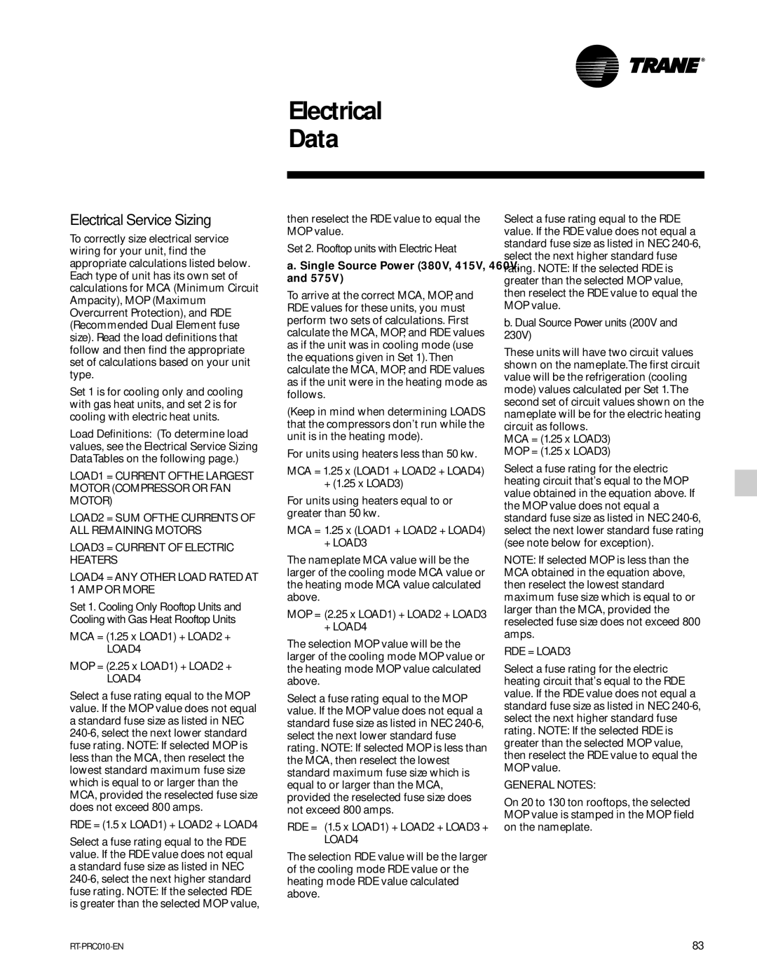 Trane RT-PRC010-EN manual Electrical Data, Electrical Service Sizing, Set 2. Rooftop units with Electric Heat 