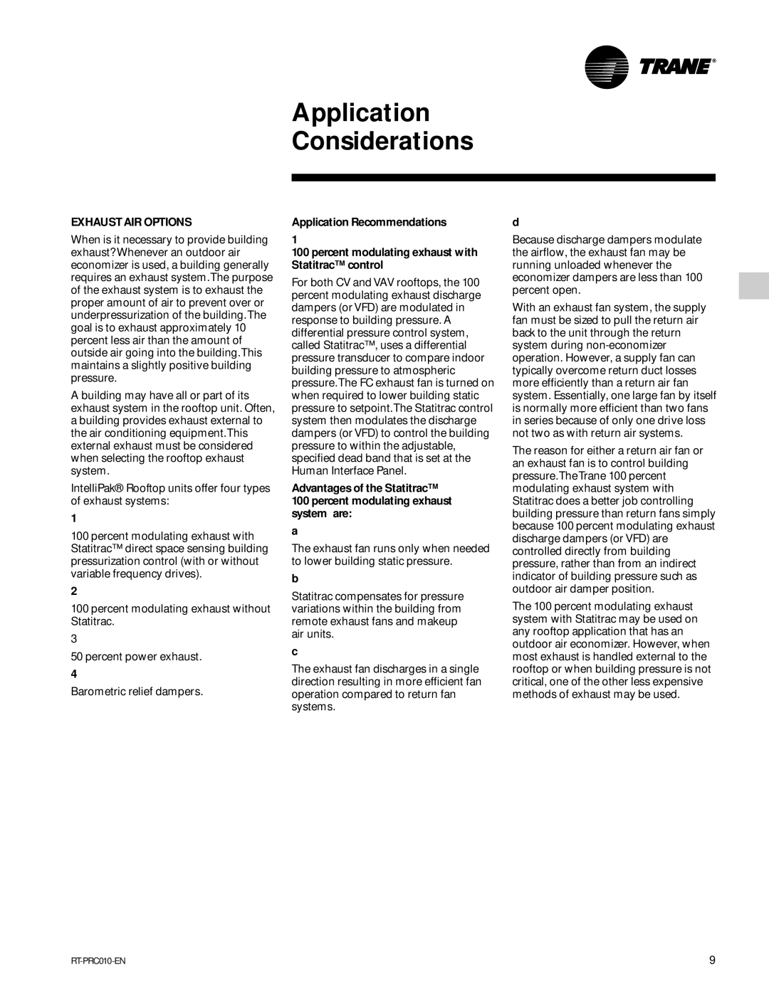 Trane RT-PRC010-EN manual Application Considerations 