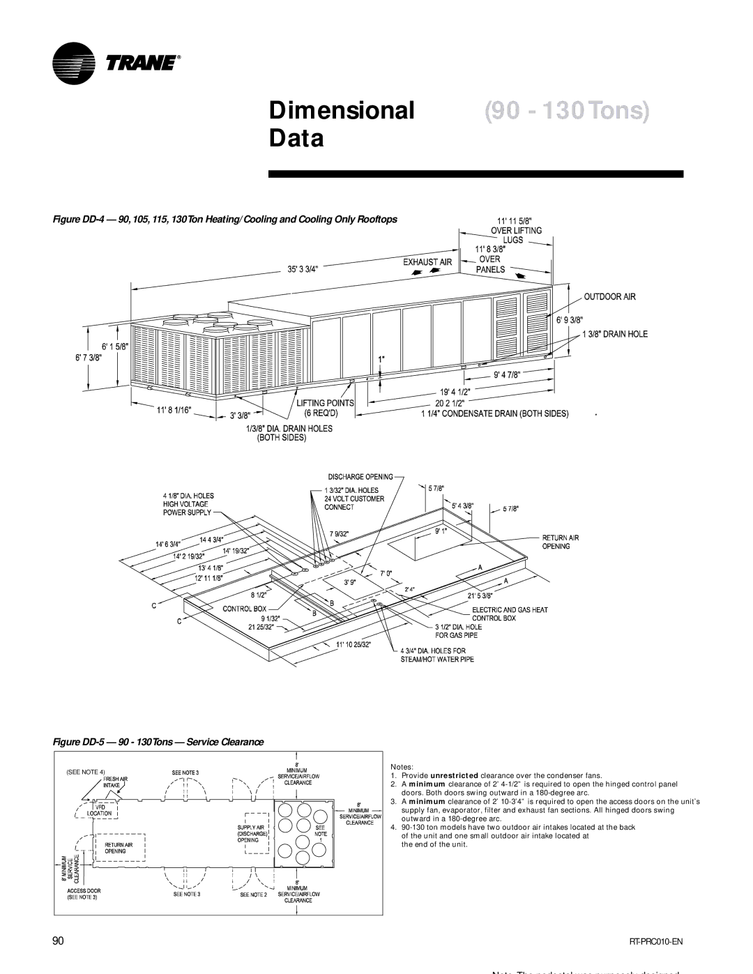 Trane RT-PRC010-EN manual Dimensional 90 130Tons, Figure DD-5 90 130Tons Service Clearance 