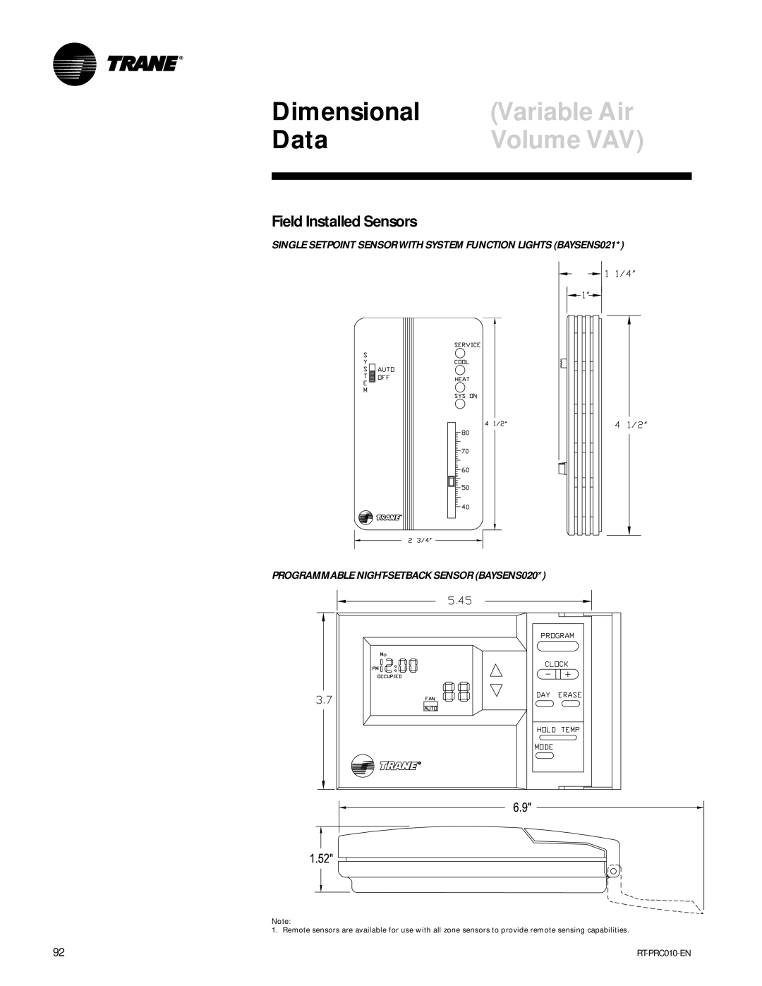 Trane RT-PRC010-EN manual Dimensional, Field Installed Sensors 