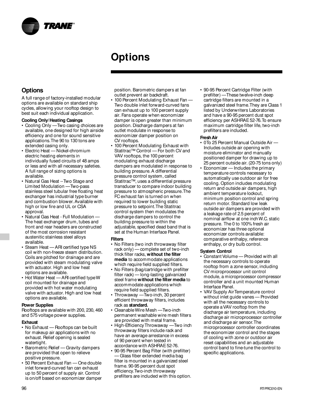 Trane RT-PRC010-EN manual Options 