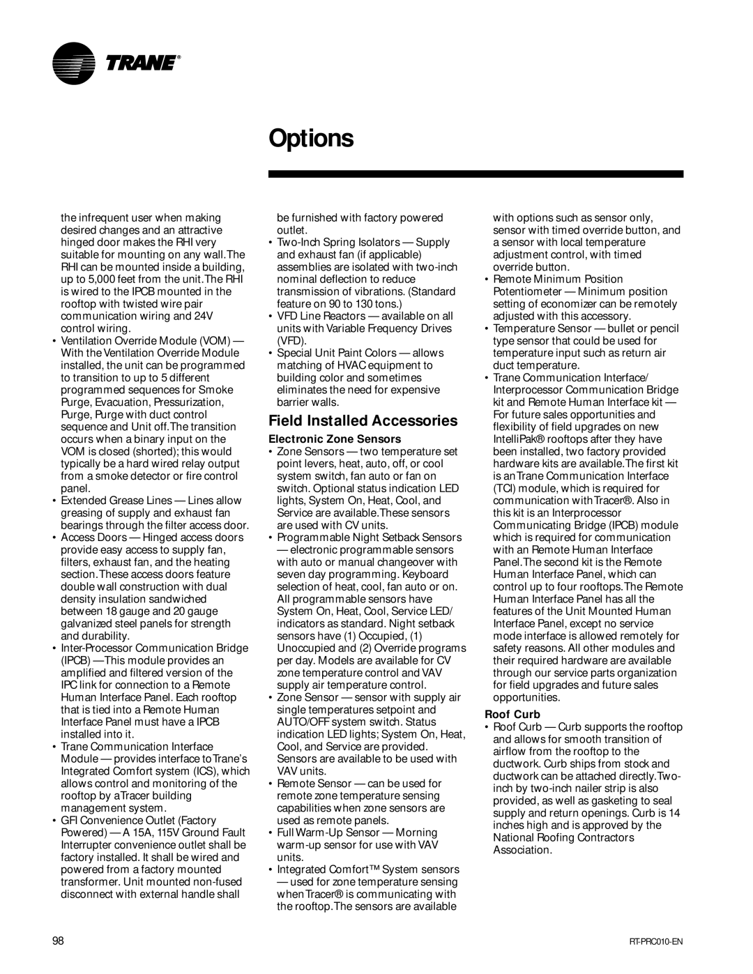 Trane RT-PRC010-EN manual Electronic Zone Sensors, Roof Curb 
